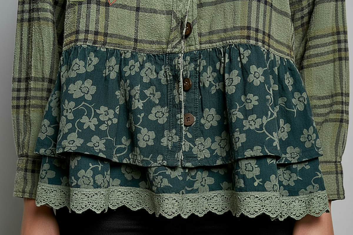 POL Clothing Olive Plaid Patchwork Button-Up Top — dark teal floral ruffle and sage lace hem detail close-up