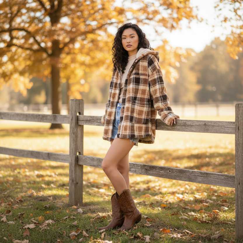 Women's brown plaid fuzzy sherpa shacket styled with denim shorts and cowboy boots at rustic fence fall outdoor outfit