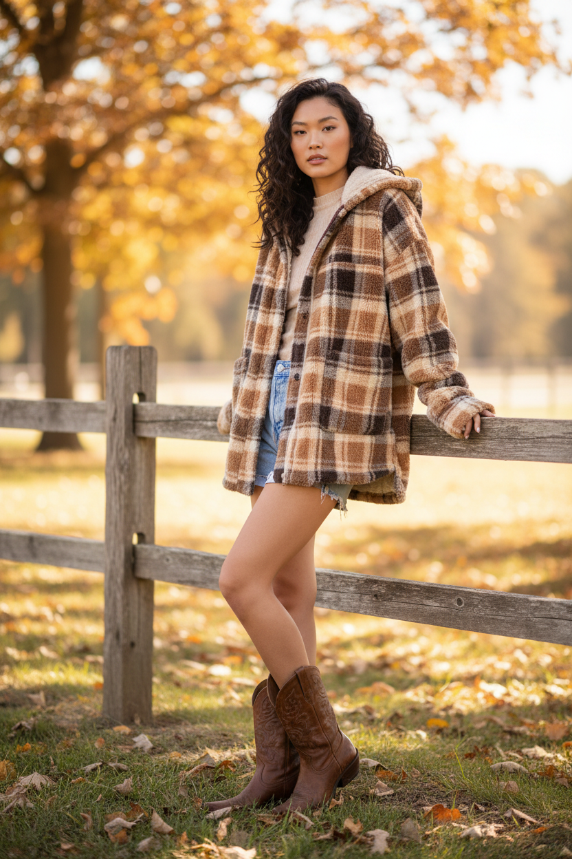 Women's brown plaid fuzzy sherpa shacket styled with denim shorts and cowboy boots at rustic fence fall outdoor outfit
