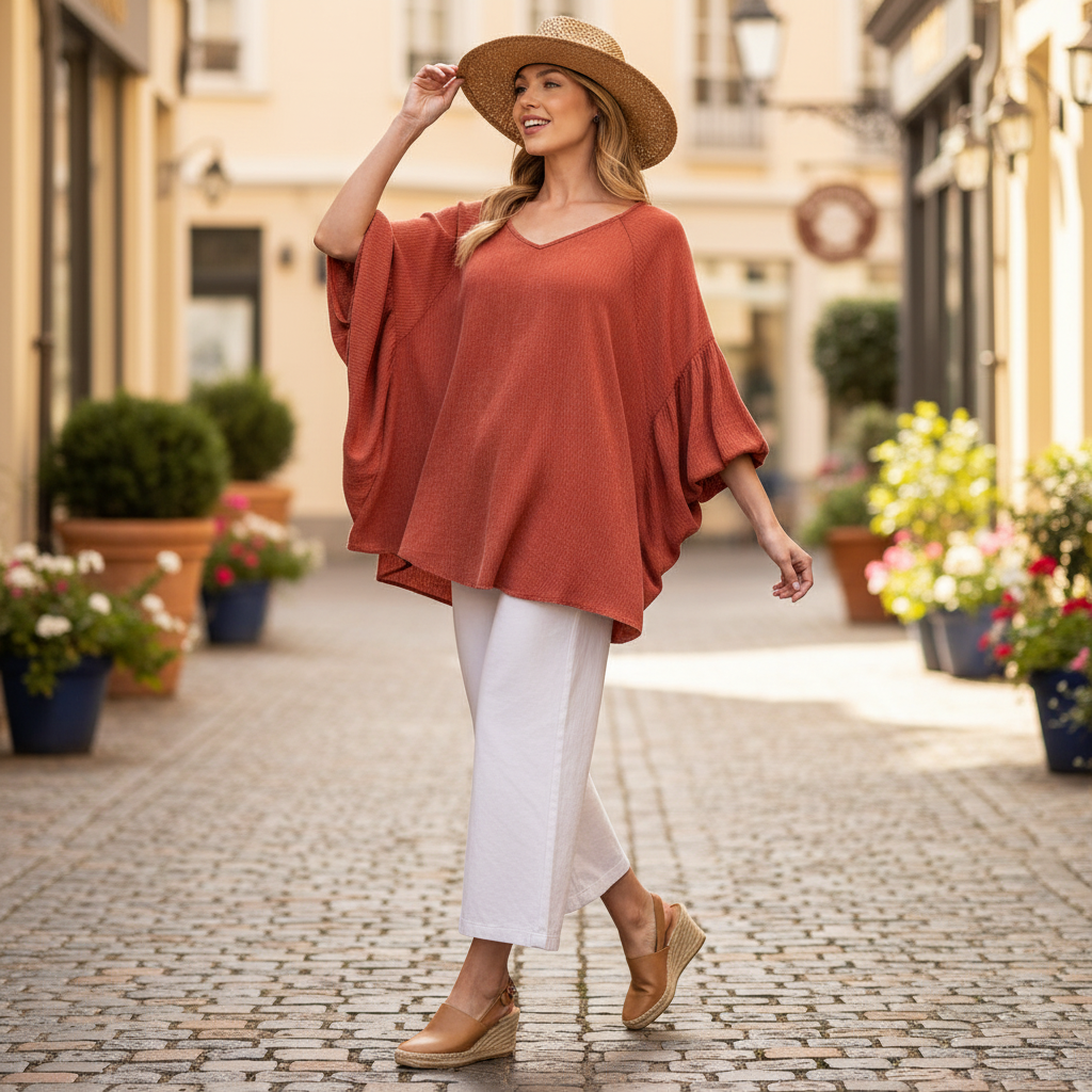 Easel women's brick gauze oversized top, walking boutique sidewalk, voluminous flutter sleeves, casual weekend styling