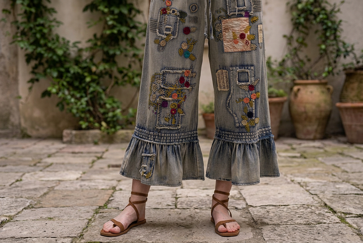 Blue Velvet women's denim pants, landscape close-up of patchwork, stitched bands and ruffled cropped hems