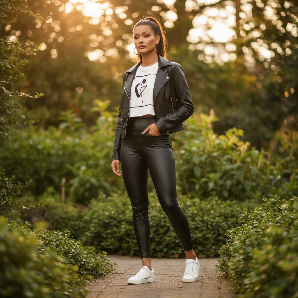 Women's black faux leather high waist leggings with cropped tee and leather jacket casual fall street style