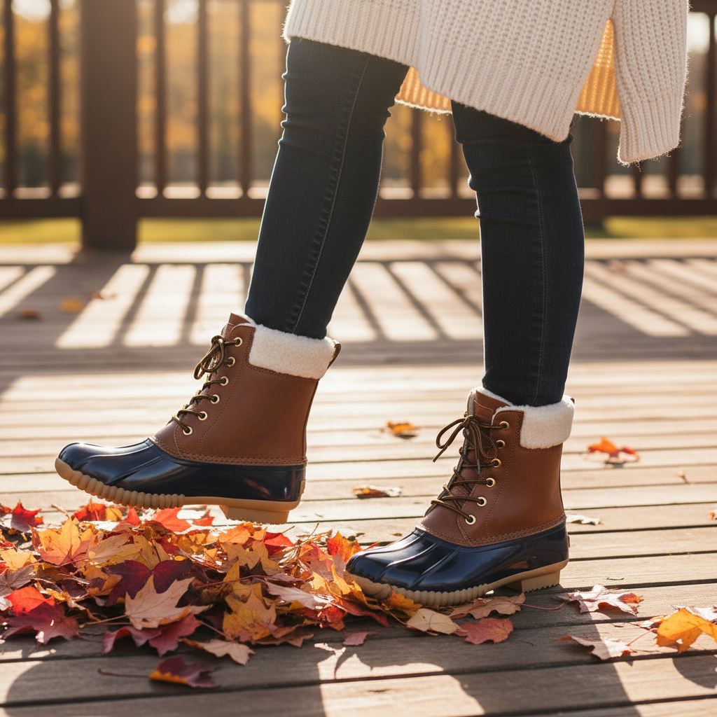 Women's brown and navy duck boot worn with cream knit sweater and dark jeans on rustic fall porch with autumn leaves