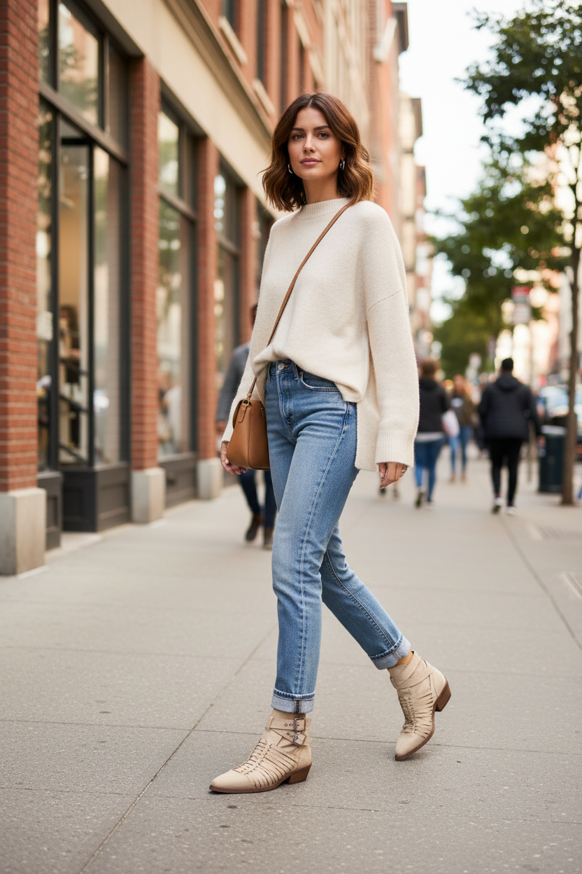 Woman wearing beige strappy ankle booties with jeans for casual daytime outfit