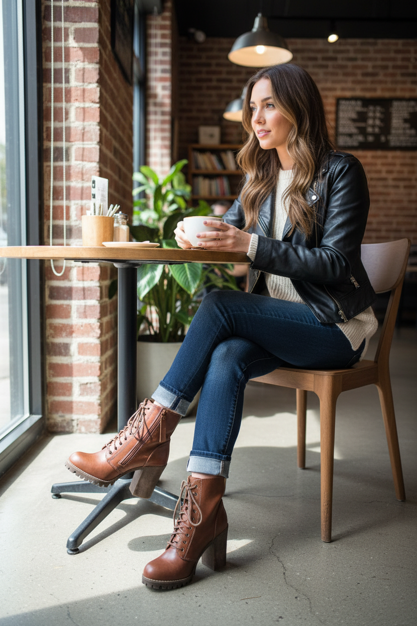 Brown leather combat boots styled at cafe - casual chic outfit inspiration