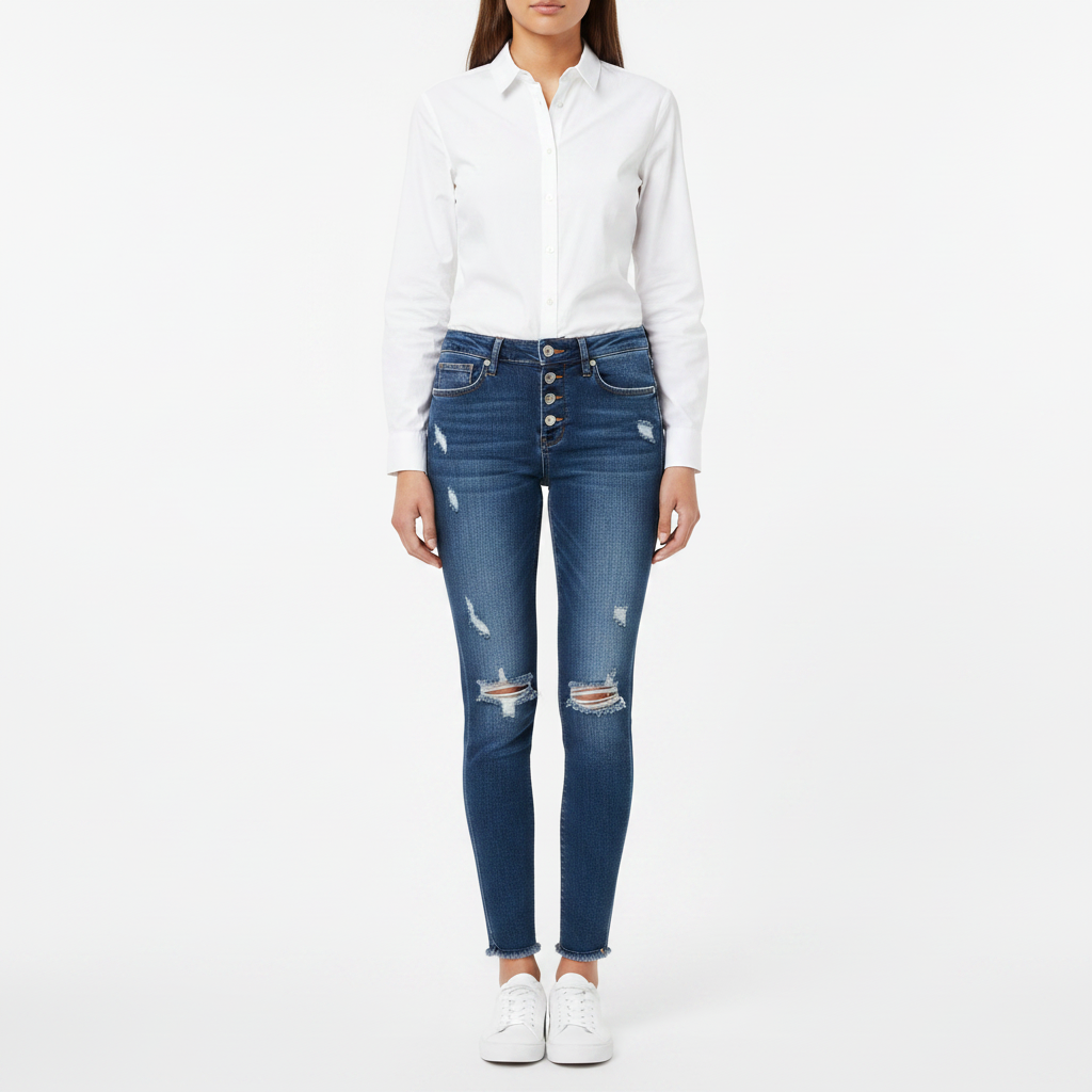 KanCan distressed ankle skinny jeans on model front view dark wash button fly white top sneakers