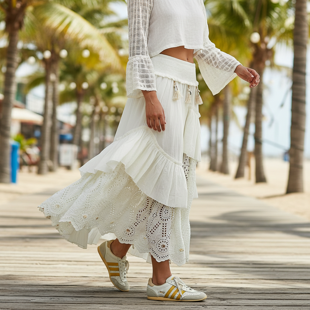 Women's POL Clothing cream ruffle maxi skirt flowing movement tassel waist hi-lo hem