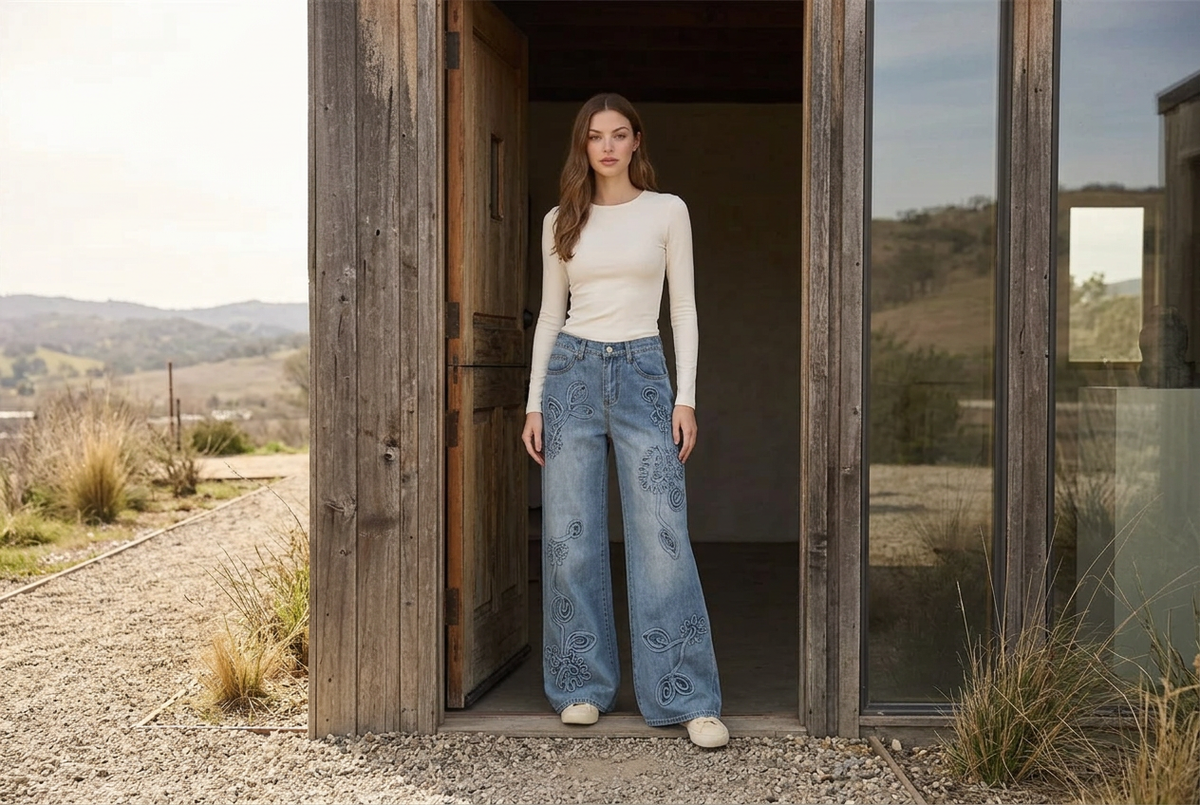 Woman in blue floral applique jeans and an ivory top standing in a timber doorway beside a quiet landscape.