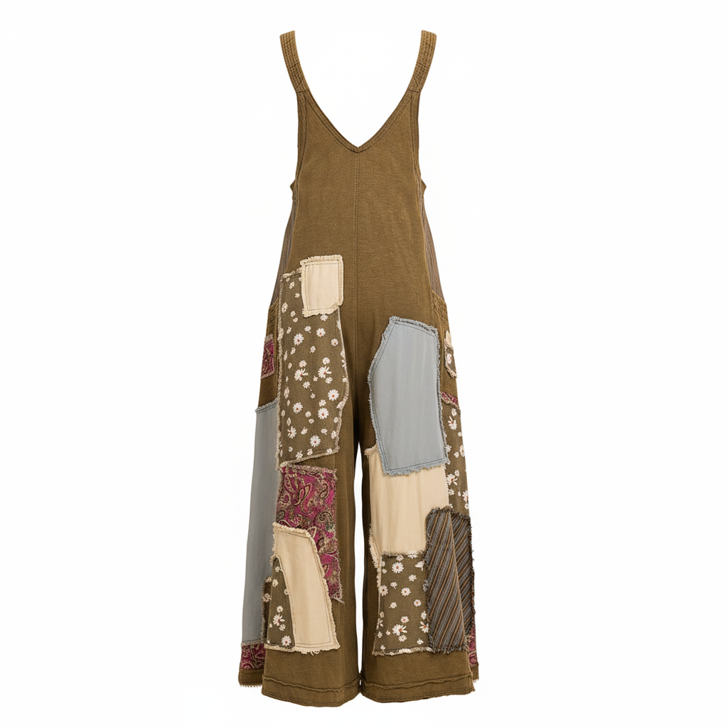 Women's olive patchwork cotton jumpsuit back view wide-leg silhouette exposed raw seams mineral wash