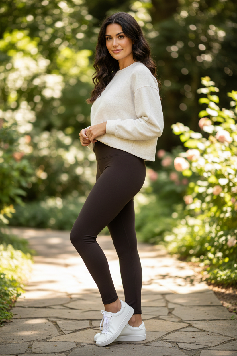 Dark brown women’s high-waist fleece-lined leggings styled with white sneakers
