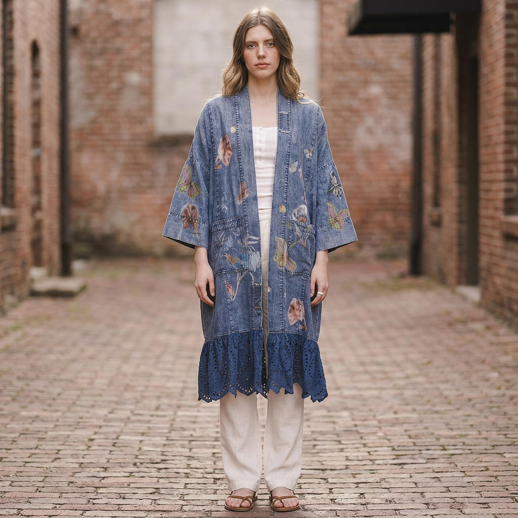 Blue Velvet women's blue floral butterfly kimono with eyelet hem on a brick walkway - BellanBlue