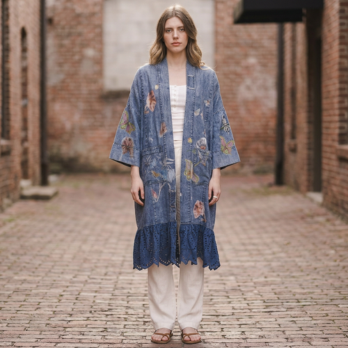 Blue Velvet women's blue floral butterfly kimono with eyelet hem on a brick walkway - BellanBlue