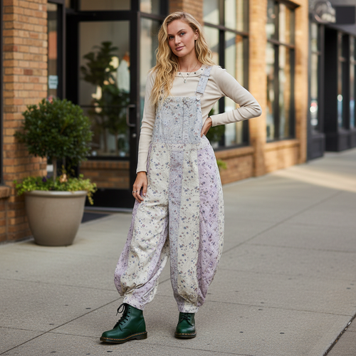 POL women's sand floral multi balloon-leg overalls, bib front, lace trim, styled on boutique sidewalk - BellanBlue