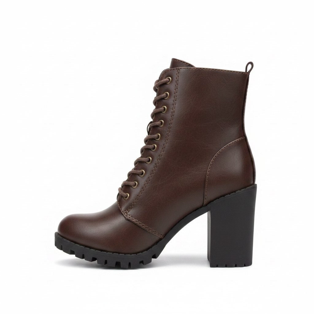 Women's dark brown vegan leather combat bootie side profile, stacked block heel, side zipper, lug sole - Soda