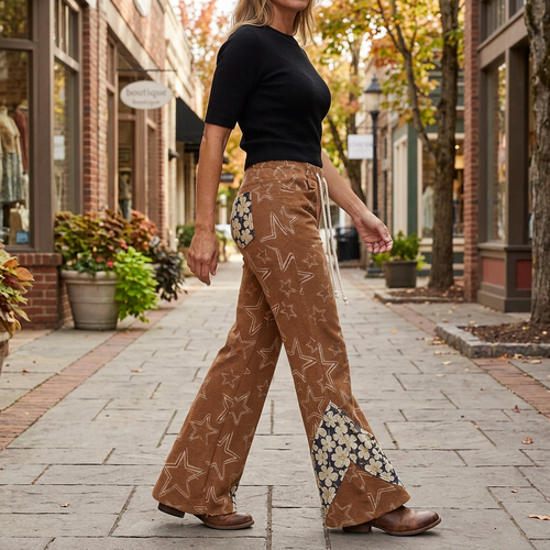 POL Clothing women's rust brown star-print flare pants styled with a black top on a boutique street