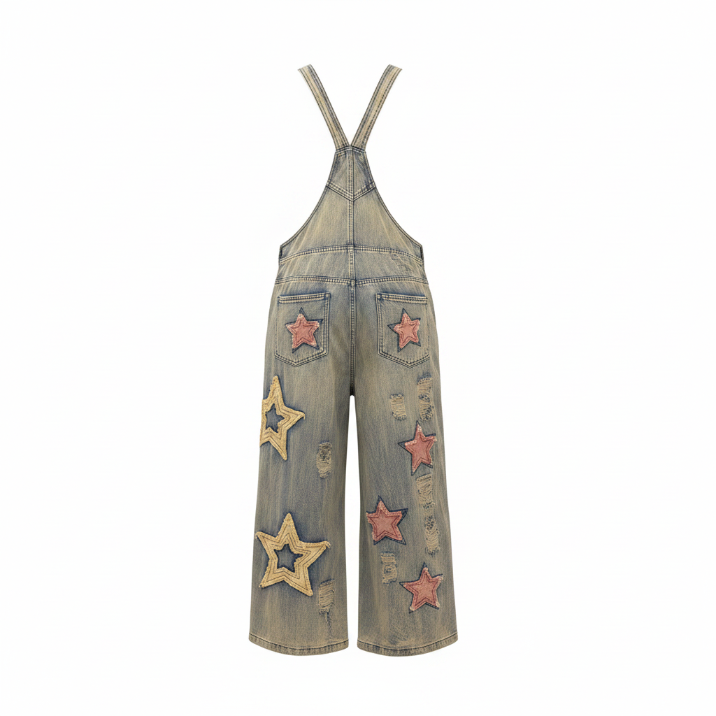 Women's vintage wash denim star patch overall jumpsuit, back view showing cross straps and patch pockets