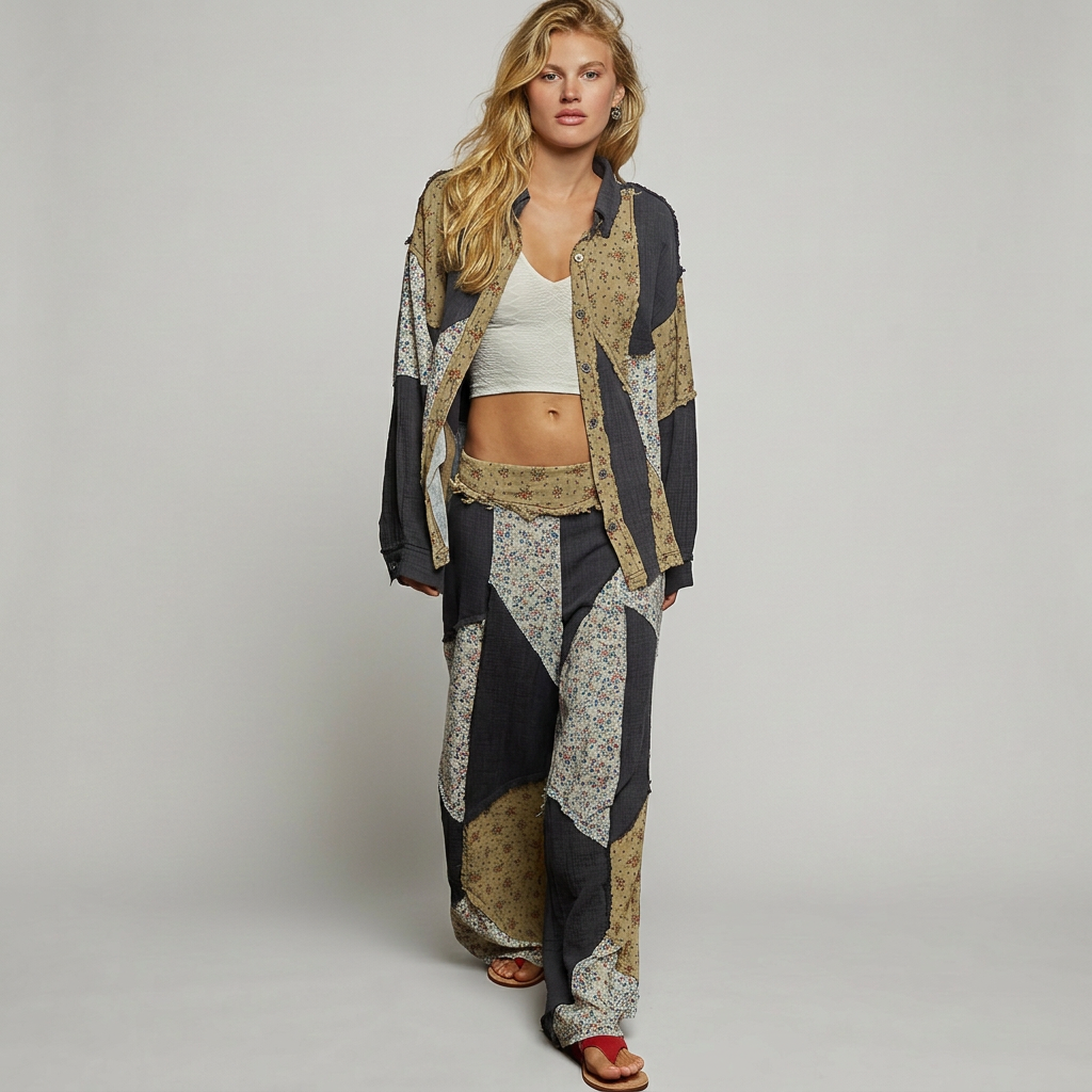 Woman in a charcoal floral patchwork shirt and matching wide-leg pants with sandals against a seamless gray background.