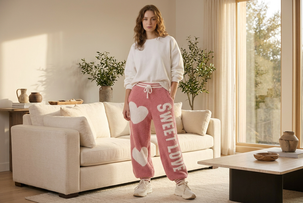 Model wearing pink Sweet Love heart joggers and a white sweatshirt in a sunlit contemporary living room.