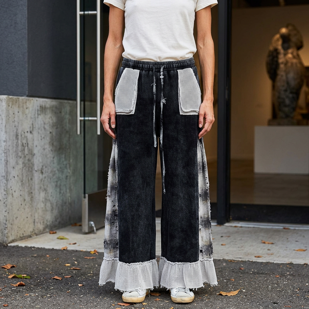 Black wide-leg pants with pale patch pockets, plaid side panels and ruffle hems outside an art gallery.