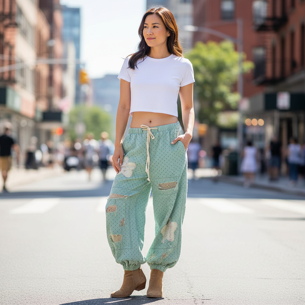 Women's mint polka dot wide-leg distressed pants worn by woman outdoors casual street style outfit