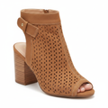 Tan perforated faux suede peep-toe slingback bootie with open cutout back, ankle strap, gold rivet, and stacked block heel, 3/4 front view - BellanBlue