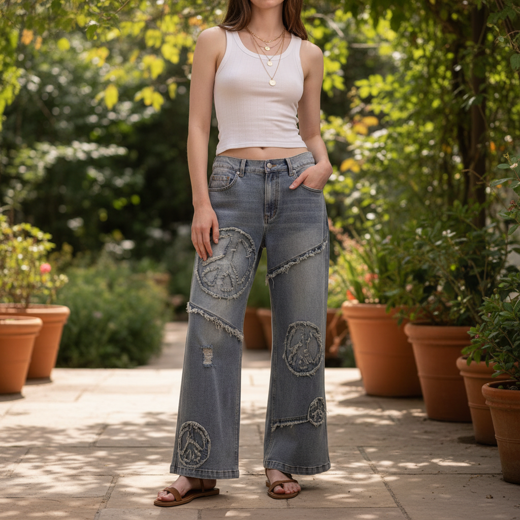 Bluevelvet women's washed denim peace patch wide-leg pants styled on garden patio - BellanBlue