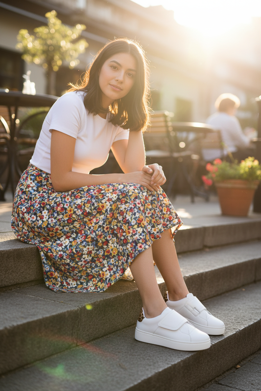 Women's white faux leather platform sneakers with leopard print heel worn with a floral midi skirt at an outdoor café