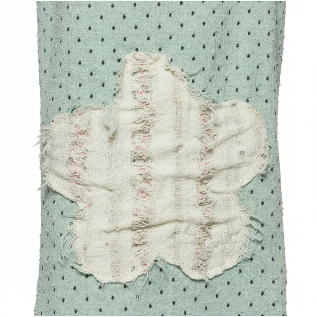 Women's mint denim polka dot fabric close-up showing distressed rips and cream appliqué patch detail