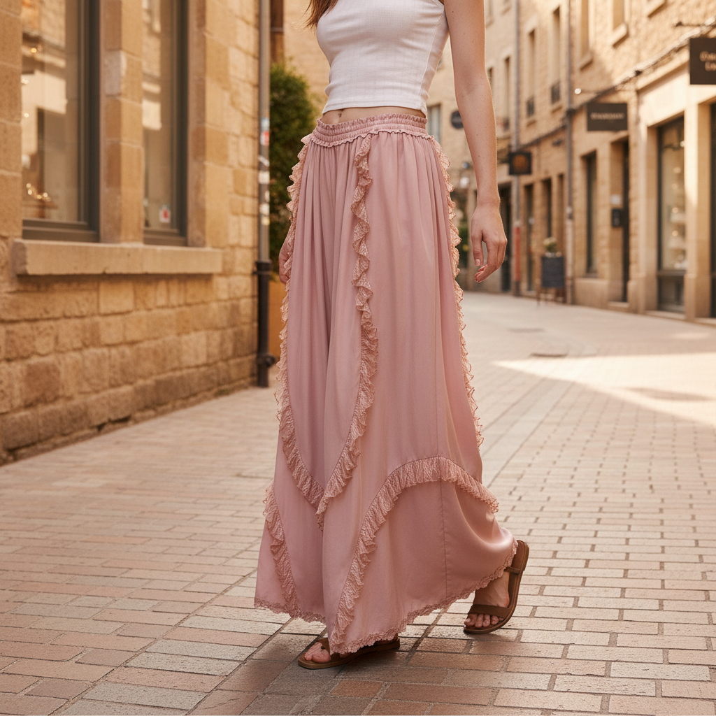 Bluevelvet women's blush pink ruffle wide leg pants walking boutique street style with flat sandals