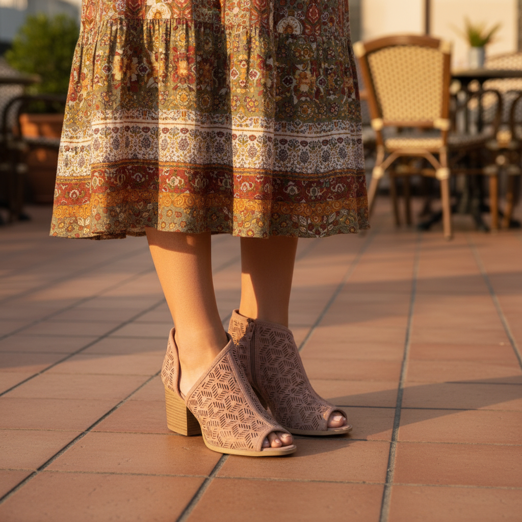 Woman in Qupid mauve perforated peep-toe booties on terracotta cafe terrace, boho earth-tone dress, warm golden hour light, knees-down lifestyle shot