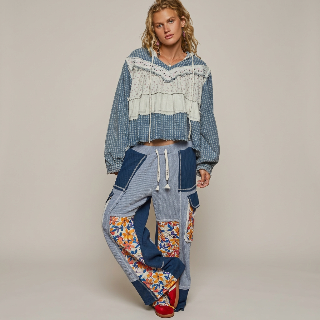 Model wearing a blue and cream floral patchwork hoodie with colorful patchwork pants against a gray studio background.