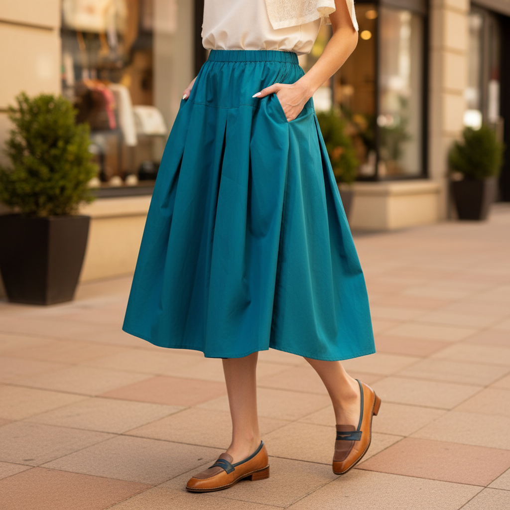 Easel teal A-line pleated midi skirt in motion on city sidewalk, styled with cream top and tan loafers