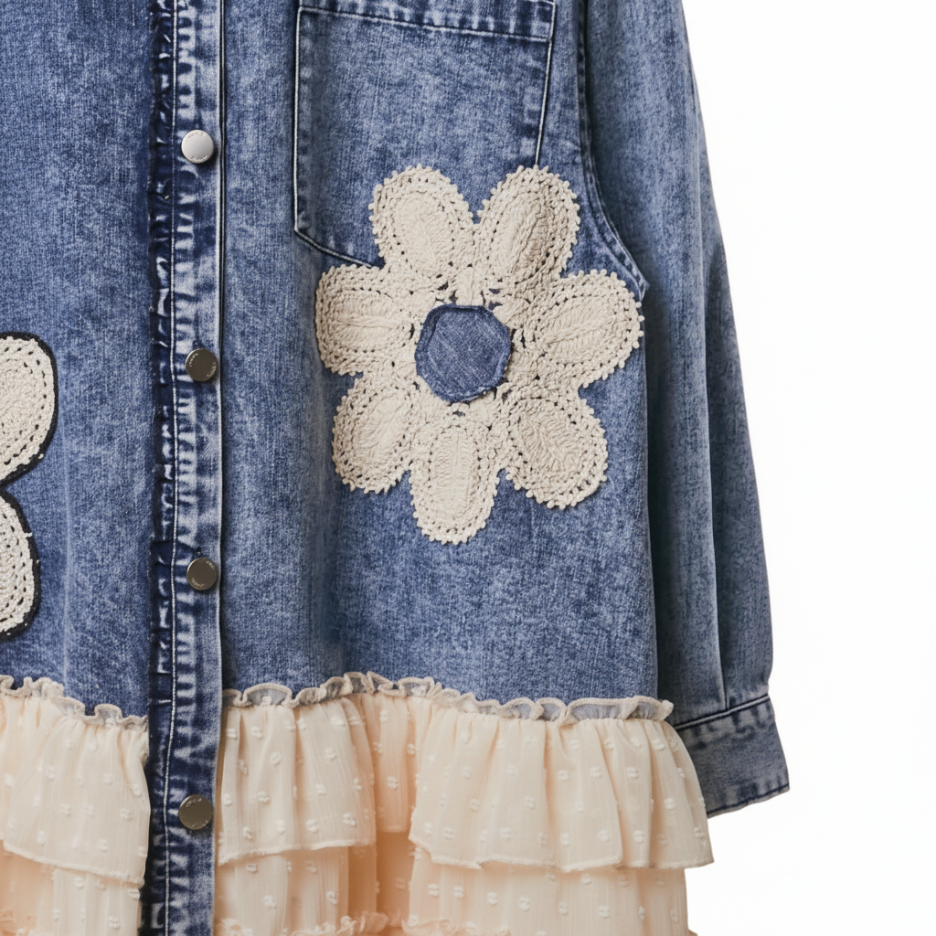 Close-up of crochet daisy appliqué and swiss dot ruffle tiers on washed indigo denim dress
