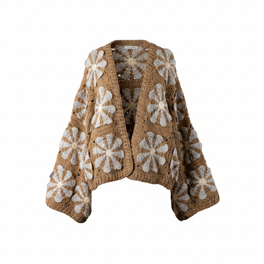 Women's tan camel crochet cardigan with white cream daisy floral motifs oversized balloon sleeves open front - BellanBlue