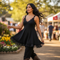 Women's POL black ribbed lace trim tank top A-line swing fit Latina model walking movement - BellanBlue