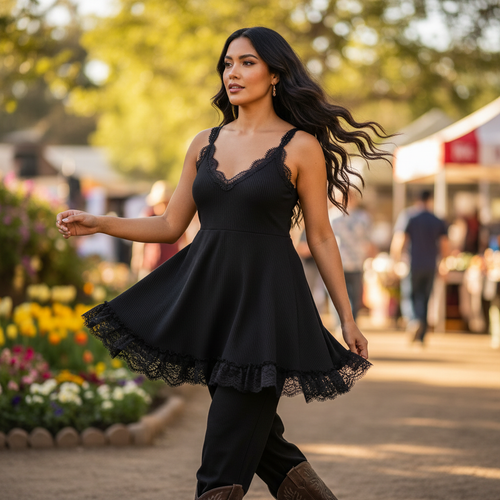 Women's POL black ribbed lace trim tank top A-line swing fit Latina model walking movement - BellanBlue