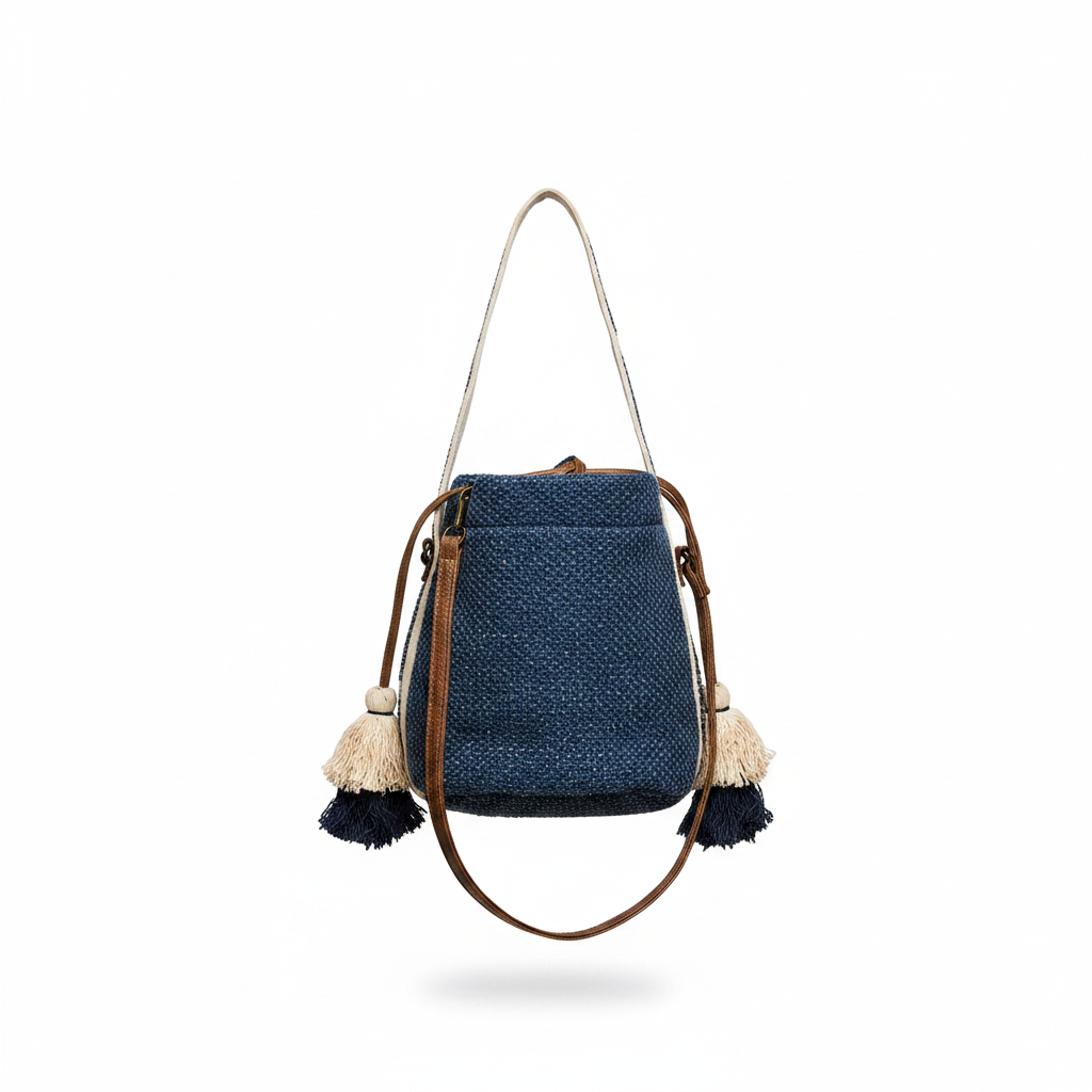 Women's woven crossbody bag back view, denim tone, adjustable strap, compact structured silhouette