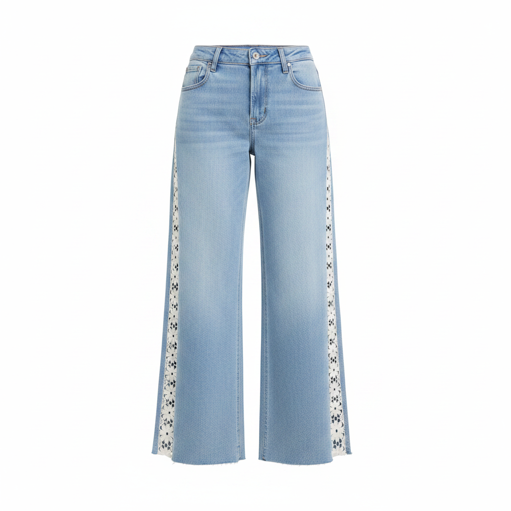 Women's light blue high rise crop wide leg jeans with flower lace side panels front view ghost mannequin