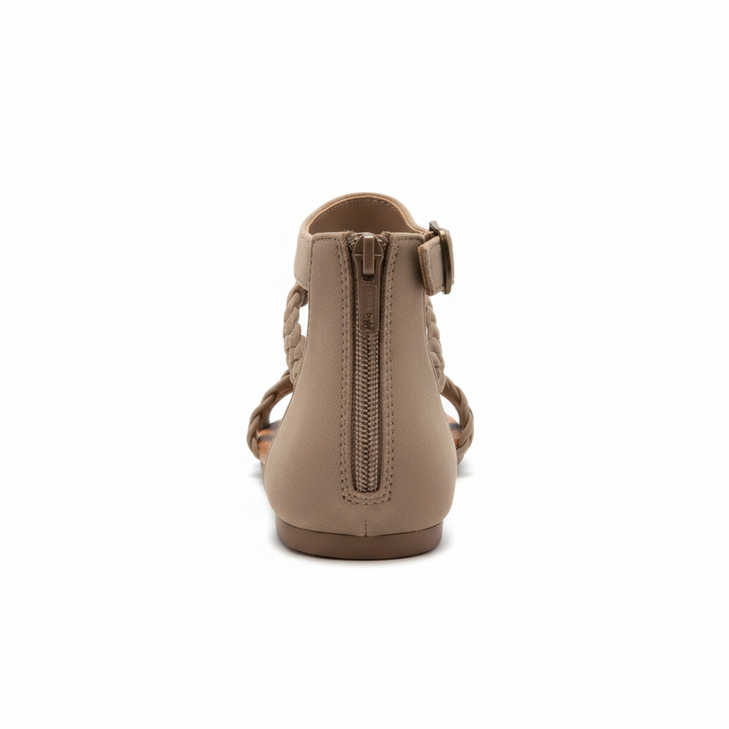 Taupe braided gladiator sandal back view featuring zipper closure and heel construction