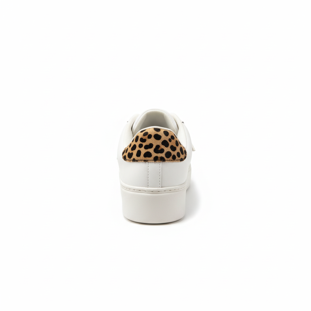 White platform sneaker - back view highlighting leopard print heel tab detail