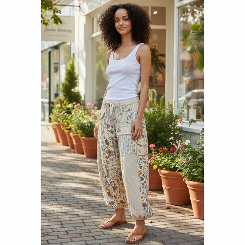 POL women's natural floral patchwork wide-leg jogger pants, boutique street style - BellanBlue