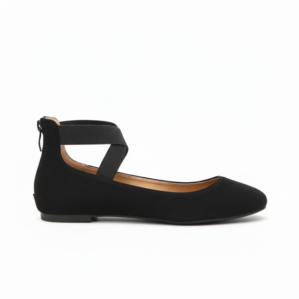 Bella Marie black suede ballet flat, outer side profile showing crisscross elastic ankle strap and back zipper on white background