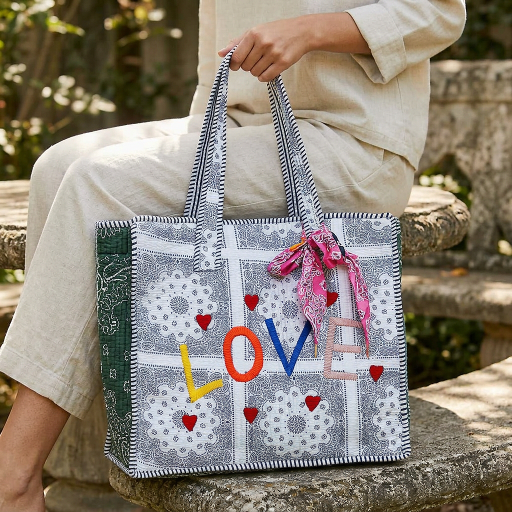 Quilted paisley LOVE tote held beside a woman seated on a garden bench