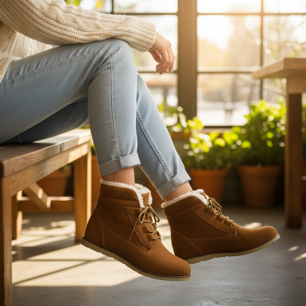 Woman seated on bench wearing camel suede lace-up ankle boots, outer side view, cream knit and jeans, cozy setting