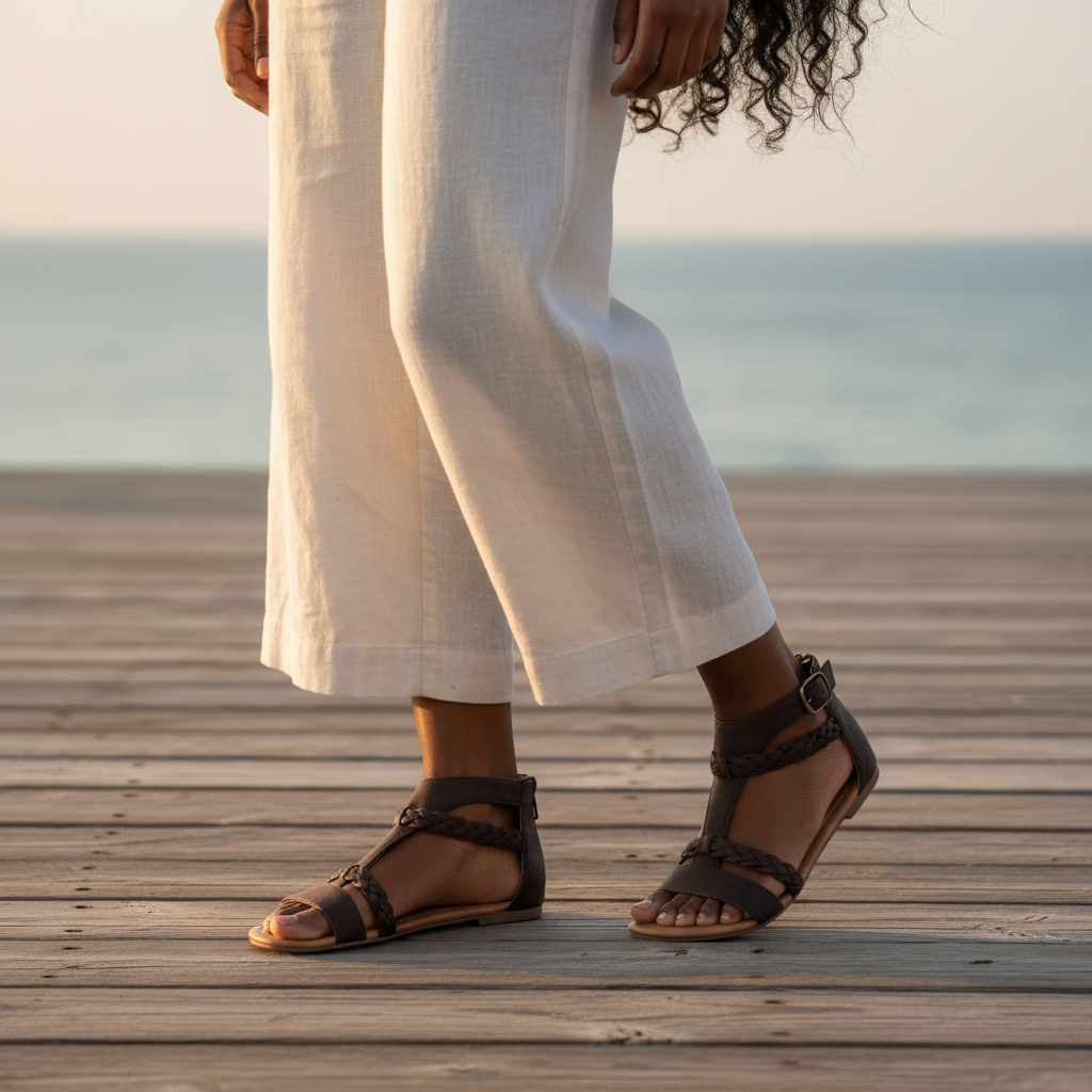 Women's chocolate brown flat sandals beach boardwalk cream wide-leg trousers ankle strap