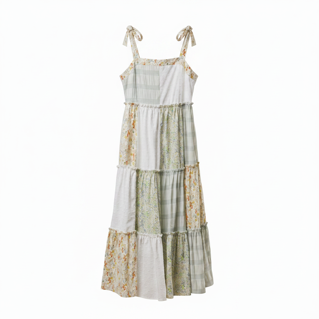 Women's patchwork tiered maxi dress front view, sage plaid and white swiss dot bodice, floral tie shoulders