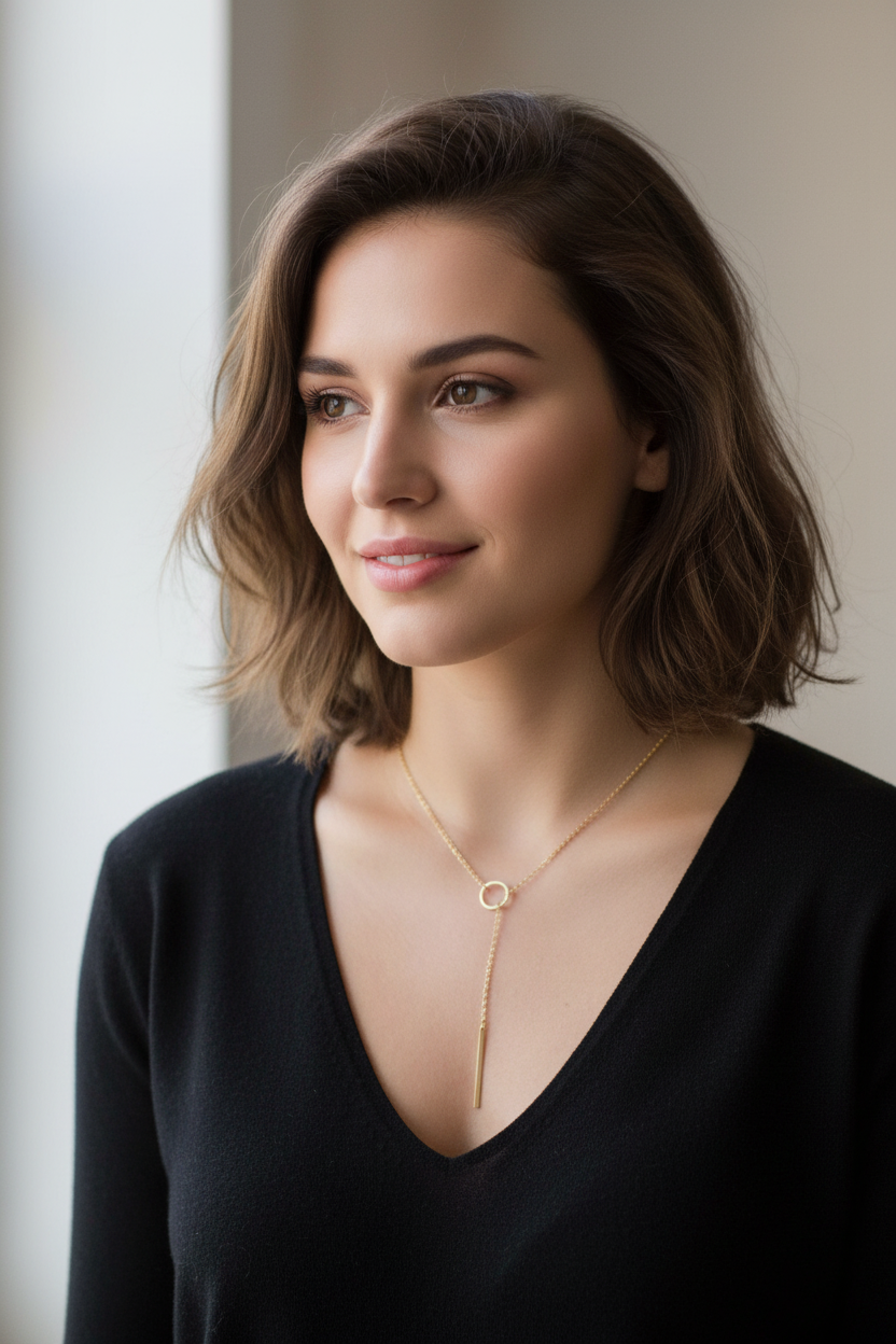 Woman wearing gold tone lariat necklace with black V-neck top