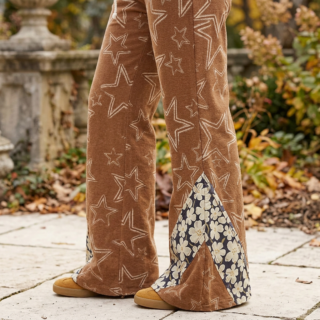 POL Clothing rust brown flare pants lower-leg detail with cream stars and floral fabric panels on a garden path