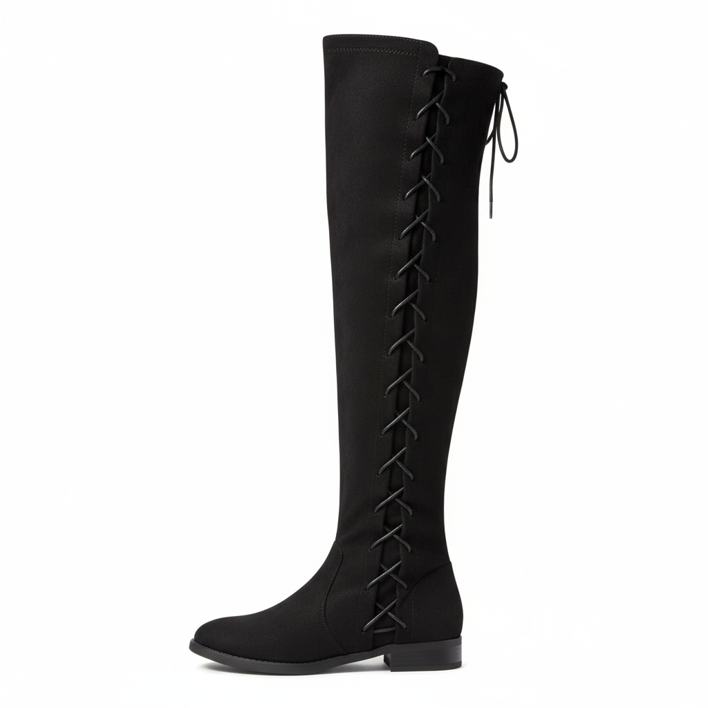 Women's black faux suede over-the-knee boot showing side lacing detail left profile view