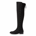 Women's black faux suede over-the-knee boot showing side lacing detail left profile view